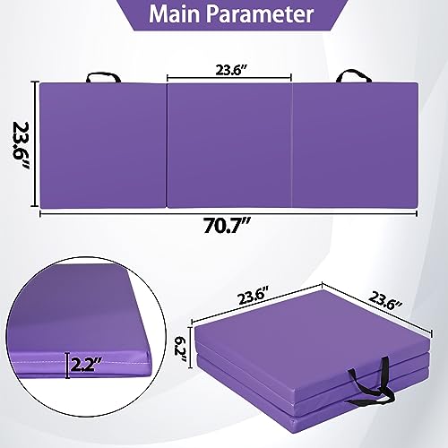 ZenStyle 6' x 2' x 2" PU Leather Exercise Tri-Fold Gym Fitness Mat For Gymnastics, Aerobics, Yoga, Martial Arts - color: Purple