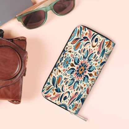 Scandinavian Folk Art PU Leather Long Wallet for Women Men, Zipper Clutch Wallet RFID Card Holder Organizer - color: Scandinavian Folk Art