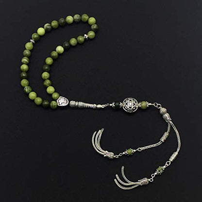 Design -Latest Models New Long & Stylist Tassels Worry Beads - Prayer Beads (8 mm-33 Beads) Tesbih-Tasbih-Tasbeeh-Misbaha-Masbaha-Subha-Sebha-Sibha-Rosary (Green Jade Stone - Twin Tassel) - color: Green Jade Stone - Twin Tassel