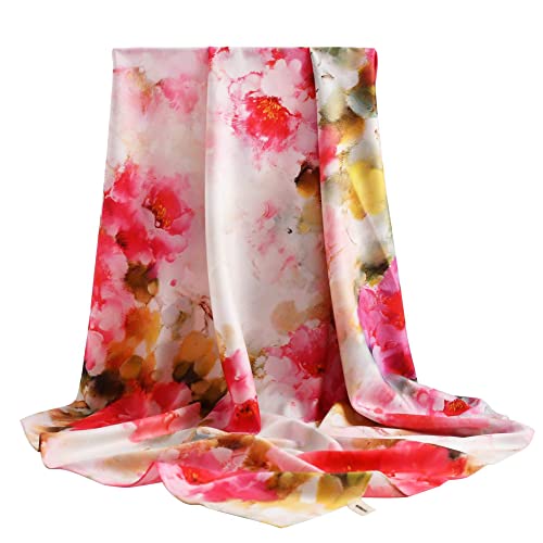 100% Mulberry Silk Scarf-Printed or Solid Color 35” Square Large Silk Hair Head Wrap Scarf With Gift Box Package - color: D Pattern: Blooming Red Flower
