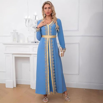 FYMNSI Women Muslim Abaya Dress Islamic Dubai Modest Lace Belted Dress Abayas Kaftan Eid Prayer Clothes Arabian Maxi Robe - color: Ice Blue, size: Small