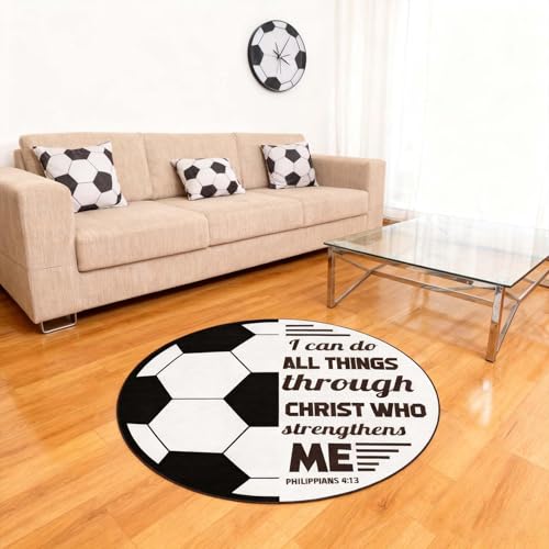 35.4Inch Soccer Bath Rug,Washable Soccer Sports Kids Room Rug Doormat,Non-Slip Play Mat Bathroom Rug, Christian Door Mat Floor Carpet, Suitable for Living Room Entryway Bathroom Kitchen Bedroom