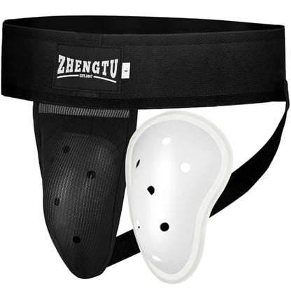 Groin Protector Cup Kickboxing Boxing Muaythai MMA Groin Guard, Jockstrap Karate Training, BJJ Protection, Soccer, Basketball Removable TPE Cup with Silicone Cushioning - color: Black, size: Large