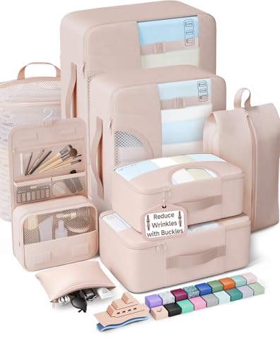 Veken 8 Set Packing Cubes for Travel Essentials,Anti-Wrinkle Buckled Suitcase Organizer for Shoe & Toiletry Bag,Carry On Luggage Bag with 99+ Count Mesh Holes for Airplane & College Dorm Accessories - color: 02 Cream