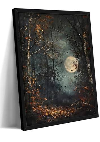 Vintage Framed Wall Art, Forest Gothic Decor, Dark Academia Celestial Moon Canvas Prints, Moody Landscape Painting Wall Decor for Living Room Bedroom – Black Wooden Frame 12x16in - color: Night Sky, size: 16"L x 12"W