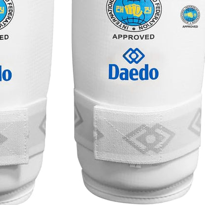 Daedo ITF Approved White Shin Guards – Martial Arts Leg Protectors – Lightweight Guards with Straps for Training - size: Small