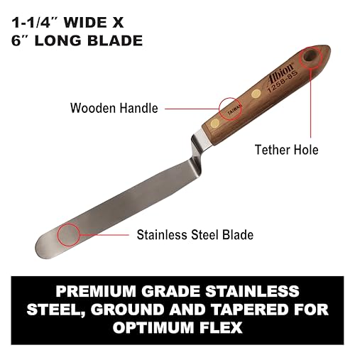 Albion Engineering Classic Offset Caulk Tooling Spatula, Stainless Steel, 1-1/4” wide tapered tip x 6” long blade (1258-8S) - size: 1-1/4" Wide Tapered Tip x 6" Long Blade, style: Single