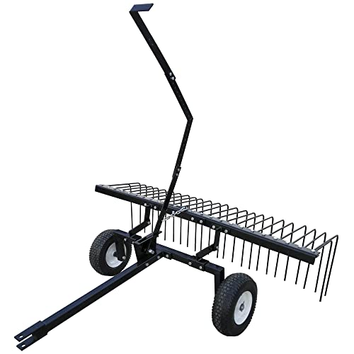 Yard Tuff Pine Straw Rake, Steel Lawn Sweeper with 24 Spring Tines, 60-Inch - Leaf Collector Attachment with Pin Hitch for ATV, UTV or Utility Tractor | Pin Hitch Fits ATV, UTV or Tractor, Adjustable Reel Arms, Lift Handle to Dump, 12 Inch Pneumatic Tires