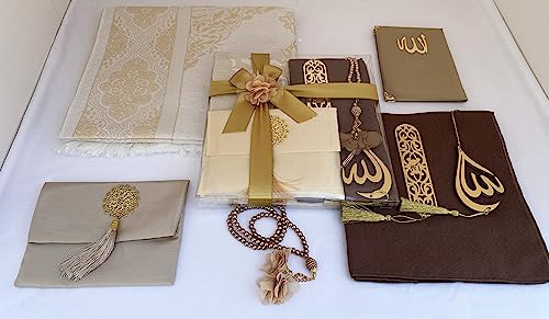 SAIKA Muslim Prayer Rug, 7 in One Gift Set, Prayer Mat Surah Book, Tasbeeh, Scarf, Surah Case, Bookmark, Car Mirror Hanger, Prayer Beads,Islamic Gift for Umrah, Hajj, Wedding, Janamaz (Gold) - color: Gold