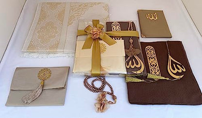 SAIKA Muslim Prayer Rug, 7 in One Gift Set, Prayer Mat Surah Book, Tasbeeh, Scarf, Surah Case, Bookmark, Car Mirror Hanger, Prayer Beads,Islamic Gift for Umrah, Hajj, Wedding, Janamaz (Gold) - color: Gold