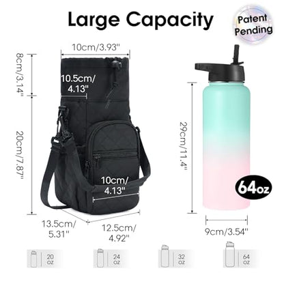 sportsnew 40oz Insulated Crossbody Water Bottle Bag Gym Hiking Phone Pocket | Water-resistant Lining, Padded Strap, Top Handle, Drawstring, Phone Pocket, Elastic Slots, Built-In Key Clip for Gym Walking - color: Quilt Black