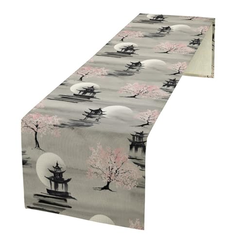 Cherry Blossom Table Runner, Oriental Asian Retro Pink Flowers Trees Full Moon Scenery Table Runner for Kitchen Dining Table Wedding Party Decor, 13x36inch - color: Asian-5, size: W13"x L36"
