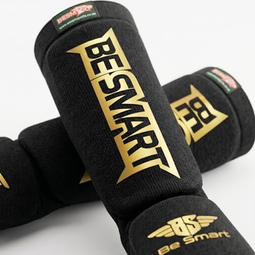 Be Smart MMA Shin Guards for Kickboxing, Muay Thai & Martial Arts – Padded Instep Protection, Lightweight Cotton Elastic Shin Pads – Adult & Youth Training Gear - color: Black/Gold, size: Large-X-Large