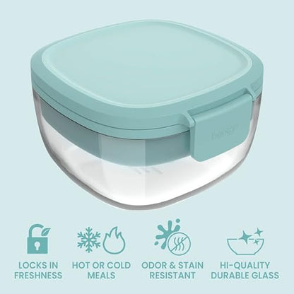 Bentgo Glass Salad Container - 7.6-Cup Salad Bowl with Airtight Lid, Leak-Proof Sauce Container, 4-Compartment Bento Tray & Reusable Fork - BPA-Free for Meal Prep, Office & More (Coastal Seaglass) - color: Coastal Seaglass
