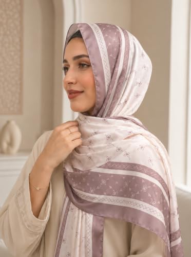 Satin Hijab Scarf for Women, Silk-Feeling Muslim Headscarf, Digital Bow Letter Print Head Wrap Shawl for Summer - color: Beige