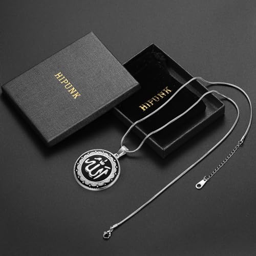 Hipunk Men Islamic Pendant Necklace - Muslim Allah Necklace Allah Necklace Mens Muslim Islam Pendant 316L Stainless Steel Islamic Arabic Gift Black Gun/18K Gold Plated Islam Jewelry SP0049 - color: white & black