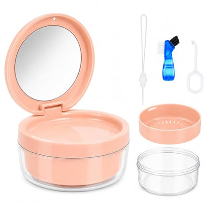 Retainer Soaking Case with Drain Basket, Leak-Proof Denture Bath Box with Magnetic Lid, Portable Cleaning Container for Aligners, Mouth Guard & Night Guard (Pink) - color: Pink