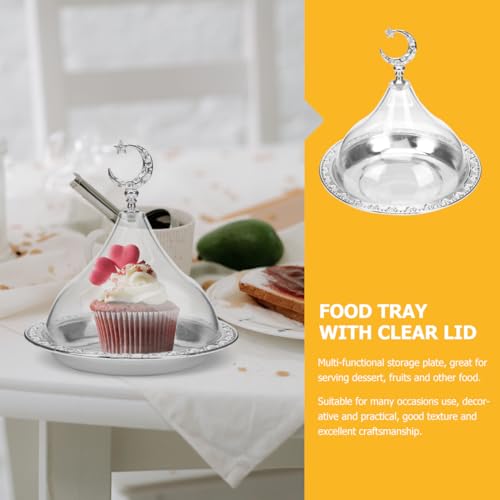 YARNOW Electroplating Metal Storage Tray with Clear Dome Lid 8 Inch Silver Serving Platter for Food Display and Cheese Presentation in Home Kitchen