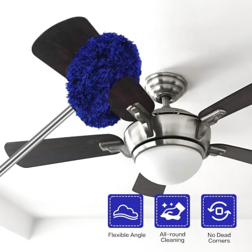 Ceiling Fan Cleaner Duster Reusable Microfiber Ceiling Fan Blade Cleaner Removable Duster with Extension Pole Adjusts 13 to 49.7 Inch for Cleaning Walls Furniture Door Window Top (Dark Blue) - color: Dark Blue