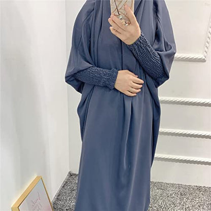 Women Muslim 2 Set Solid Color Plus Long Sleeve Thobe One-size Longuette Overall Abaya Thobe with Hoodied Hijab - color: Gray