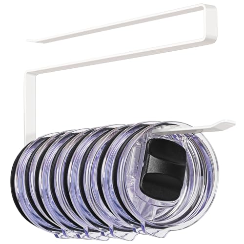 Tumbler Lid Organizer Under Cabinet, Tumbler Lid Storage Hook Up to 10 Lids, Cup Lid Organizer Space Saving Tumbler Lid Hanger for Kitchen Storage, Horizontal Paper Towel Hanger (White) - color: White, size: 1 Pack