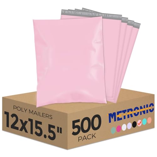 Metronic Poly Mailers 12X15.5 500Pack, Strong Adhesive Shipping Envelopes for Clothing, Waterproof Shipping Bags for Small Businesses, Flexible Mailers Poly Bags Packages Bags Light Pink - size: 12x15.5 500PC