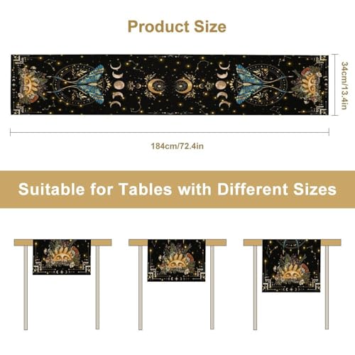 Gothic Moth Table Runner, Boho Gothic Sun Moon Phase Wildflower Mystical Witchy Farmhouse Coffee Table Runner for Home Kitchen Dining Patio Holiday Party 13x36in - color: Moth-5, size: W13''xL36''