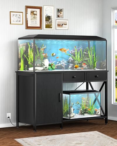 55-75 Gallon Aquarium Stand with Cabinet Drawer, Power Outlet,Black | Fish Tank Stand,Heavy Duty Metal for Turtle Tank , Reptile Terrarium,Fits Office Home,48"x 19"MDF Tabletop,1200lbs Capacity - color: Blcak, size: 55-75 Gallon