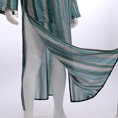 IDOPIP Men's Muslim Thobe Long Sleeve Striped Robe Gown Arab Islamic Kaftan Abayas Dress Middle East Dubai Ramadan Clothing - color: Green, size: Small