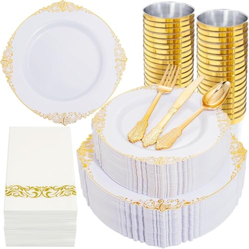 Nervure 350Pcs Gold Plastic Plates, Disposable Dinnerware Set for 50 Guests - color: Gold, style: 350Pcs(50Guests)