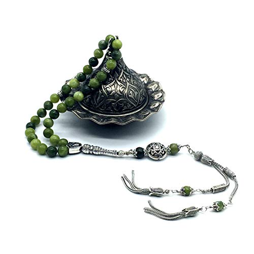 Design -Latest Models New Long & Stylist Tassels Worry Beads - Prayer Beads (8 mm-33 Beads) Tesbih-Tasbih-Tasbeeh-Misbaha-Masbaha-Subha-Sebha-Sibha-Rosary (Green Jade Stone - Twin Tassel) - color: Green Jade Stone - Twin Tassel
