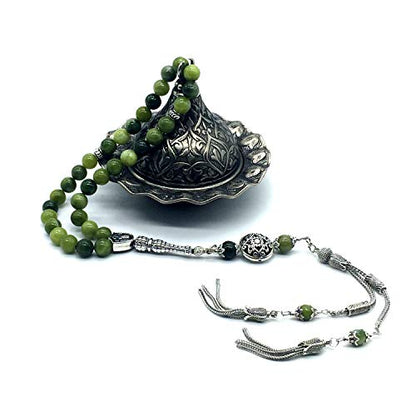Design -Latest Models New Long & Stylist Tassels Worry Beads - Prayer Beads (8 mm-33 Beads) Tesbih-Tasbih-Tasbeeh-Misbaha-Masbaha-Subha-Sebha-Sibha-Rosary (Green Jade Stone - Twin Tassel) - color: Green Jade Stone - Twin Tassel