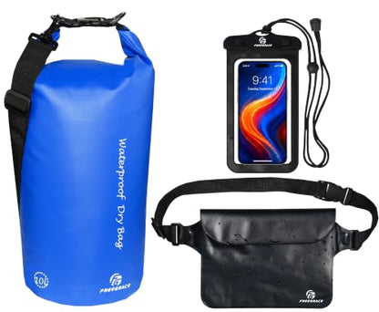 Freegrace Waterproof Dry Bag Set of 3 - Submersible Dry Sack with Double Zip Lock Seals - Includes Waist Pouch & Phone Case - Perfect for Kayaking, Swimming, Boating & Rafting (Navy Blue, 10L) - color: Navy Blue, size: 10L, style: Without Window