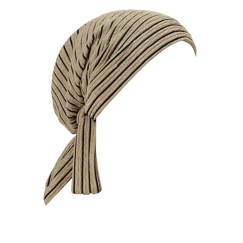 Suillty Women's Pre-Tied Muslim Hijab Bonnet Pleated Ruffle Turban Chemo Cap Underscarf Islamic Headwear - color: Khaki Striped