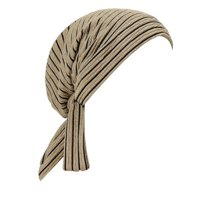 Suillty Women's Pre-Tied Muslim Hijab Bonnet Pleated Ruffle Turban Chemo Cap Underscarf Islamic Headwear - color: Khaki Striped