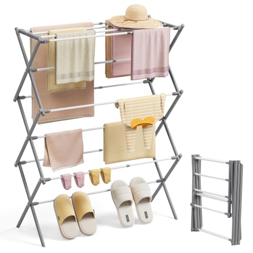 KINGBOARD Clothes Drying Rack, Collapsible Drying Rack Clothing with 11 Poles, 3-Tier Laundry Drying Rack, Small Clothes Drying Rack Foldable for Baby Clothes, 25lb Capacity, White & Grey - color: White&grey