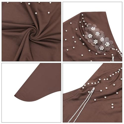 RARITYUS Women Bling Rhinestone Pearl Instant Scarf Muslim Hijab Fashion Shawl Head Wrap Turban Cap with Flower Accent - color: Coffee