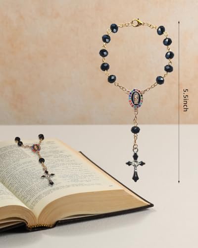 Rimvoe Car Rosary for Rearview Mirror Hanging - Catholic Religious Devout Gift with Virgin Mary Charm and Crucifix, Ideal Catholic Rosary Gifts for Men & Women (Black)