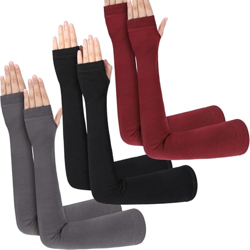 3 Pairs Sun Protection Arm Sleeves 23.6 Inch Long Fingerless Gloves for Women Cotton Arm Wrist Warmer with Thumb Hole - color: Black,dark Gray, Wine Red