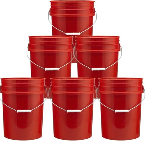 5 Gallon Food Grade Plastic Bucket, Open Head Pail with Handle, 12-3/8 in Diameter x 14-3/4 in Height (Red, 6 Pack) - color: Red, size: 6 Pack