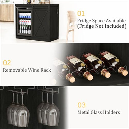 JassmiPkwy Coffee Bar Cabinet with Fridge Space, Wine Cabinet with Rack, Power Outlet for Dining Room Living Room, Black - color: Black