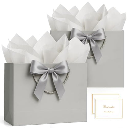 ANZNKU 2PCS Gray Gift Bags Medium for Women & Men, Gift Bags with Handles 4 Tissue Paper 2 Ribbons 2 Cards for Wedding Birthday Bridal Baby Shower Graduation Engagement Party Favors Present Wrap Set - color: Cloudy Gray
