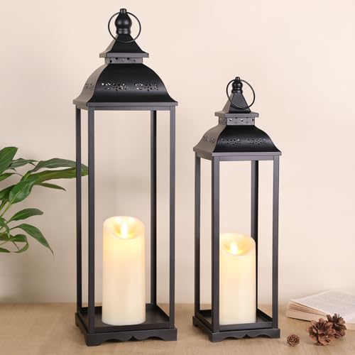 Large Decorative Candle Lanterns, 2Pcs Floor Lanterns for Indoor Outdoor - color: Black, size: 22"&17"