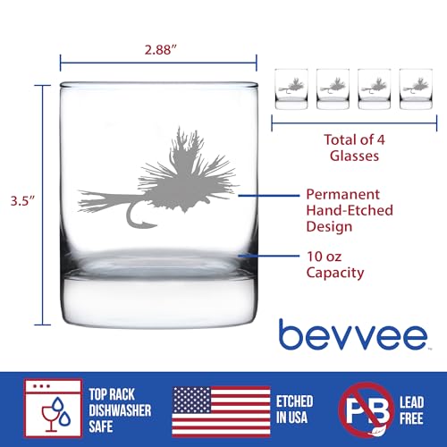 Fly Fishing Whiskey Rocks Glass for Flyfishing Gifts - 10.25 oz - Set of 4 | Bevvee Fishing gift ideas for anglers, fishermen and lake house bars. Old fashioned glass for whiskey, bourbon and cocktails - style: Set of 4