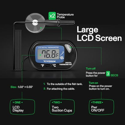 VIVOSUN 1-Pack LCD Digital Aquarium Thermometer Fish Tank Water Terrarium Temperature with Suction Cup for Turtle - size: 1 pack