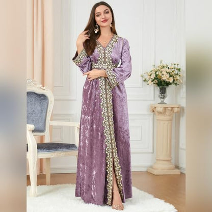 IDOPIP Muslim Women Velvet Dress Embroidery Abayas Long Sleeve V-Neck Moroccan Maxi Kaftan Dubai Robe Arabic Islamic Clothing - color: Light Purple, size: Medium