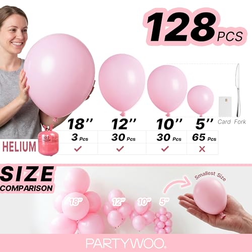 PartyWoo 베이비 핑크 풍선 128피스 다양한 사이즈 45.7cm(18인치), 30.5cm(12인치), 25.4cm(10인치), 12.7cm(5인치) 파스텔 페일 라이트 핑크 풍선 아치 키트 화환 베이비 샤워 성별 공개 생일 공주 파티 장식 핑크-Q05 - color: 핑크-q05