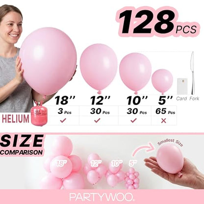 PartyWoo 베이비 핑크 풍선 128피스 다양한 사이즈 45.7cm(18인치), 30.5cm(12인치), 25.4cm(10인치), 12.7cm(5인치) 파스텔 페일 라이트 핑크 풍선 아치 키트 화환 베이비 샤워 성별 공개 생일 공주 파티 장식 핑크-Q05 - color: 핑크-q05