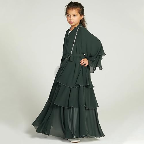IDOPIP Muslim Girls Abayas Dress for Kids Long Sleeve Chiffon Islamic Kaftan Robe Open Front Cardigan Prayer Dress with Hijab - color: Green, size: 11-12 Years