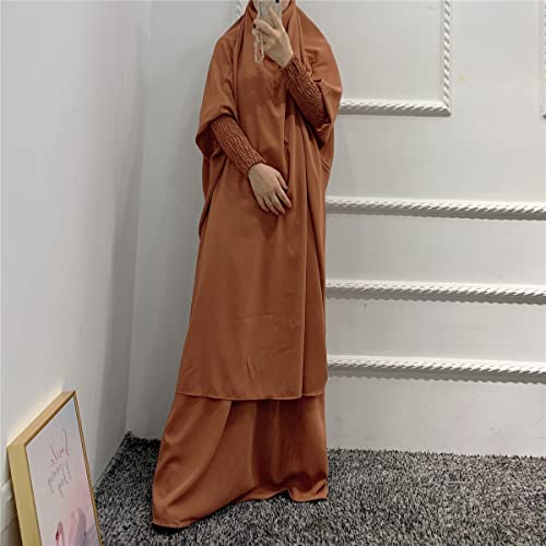 Women Muslim 2 Set Solid Color Plus Long Sleeve Thobe One-size Longuette Overall Abaya Thobe with Hoodied Hijab - color: Brown